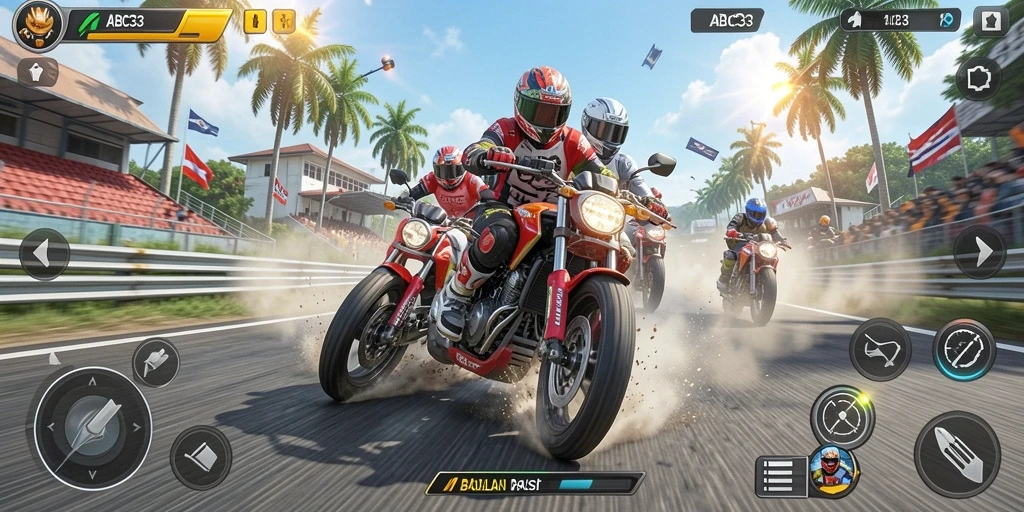 Screenshot menunjukkan balapan motor yang mendebarkan dan grafis yang menakjubkan.