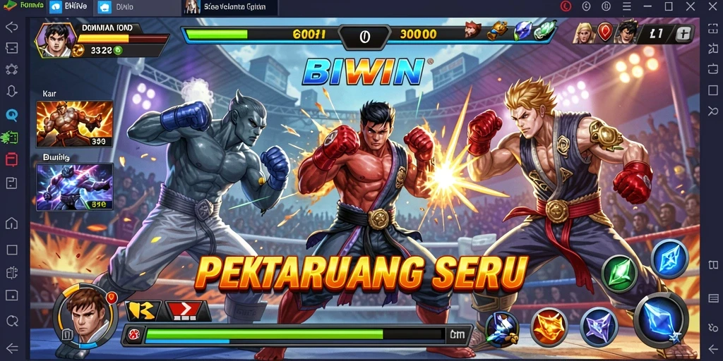 Tangkapan layar gameplay BIWIN menampilkan pertarungan seru dan karakter yang dinamis.