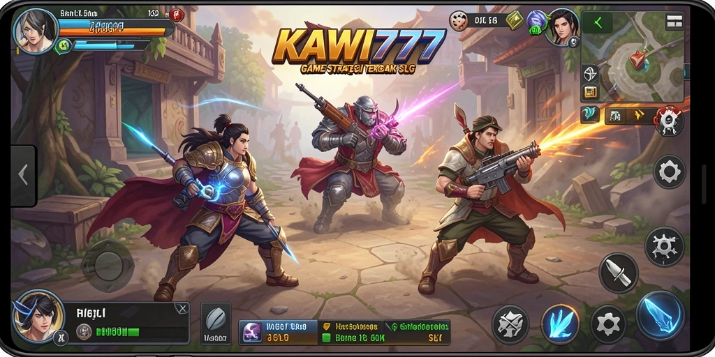 Screenshot gameplay KAWI777 menampilkan aksi pertempuran epik dan pembangunan kerajaan.
