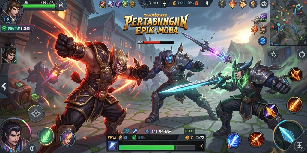 Screenshot PK95 menampilkan pertarungan intens di arena MOBA.